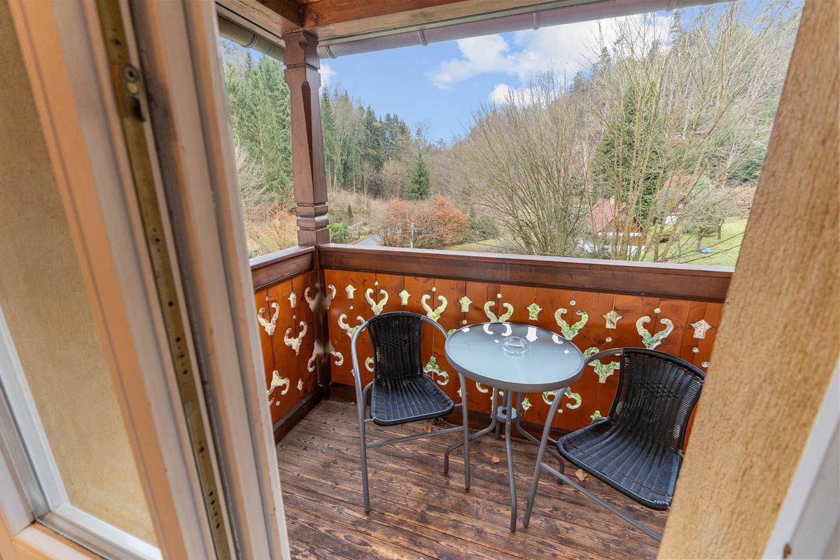 Ein überdachter Holzbalkon mit Sitzmöglichkeiten, Tisch und Blick in Richtung Vorderseite der Baude in die Natur.